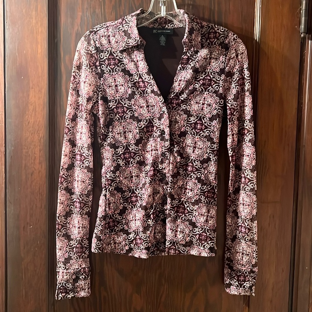 INC International Concepts blouse, brown with a pink and cream design, P